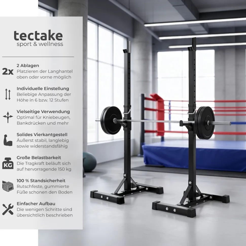 tectake® Langhantelablage, multifunktional, seitliche Ablage 6-fach höhenverstellbar, bodenschonende Kunststoffkappen