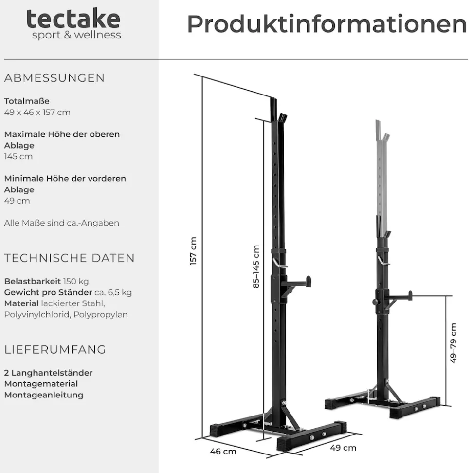 tectake® Langhantelablage, multifunktional, seitliche Ablage 6-fach höhenverstellbar, bodenschonende Kunststoffkappen