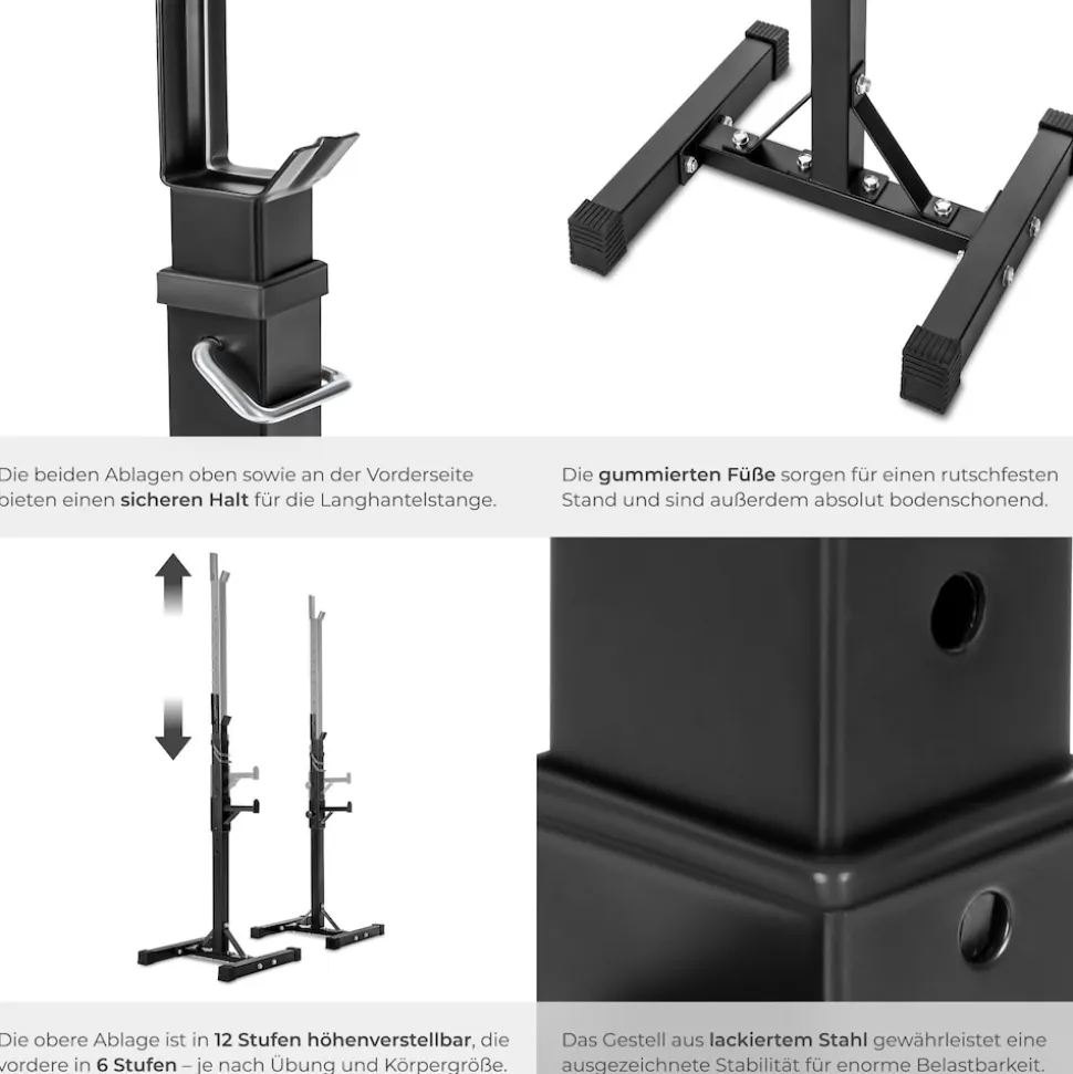 tectake® Langhantelablage, multifunktional, seitliche Ablage 6-fach höhenverstellbar, bodenschonende Kunststoffkappen