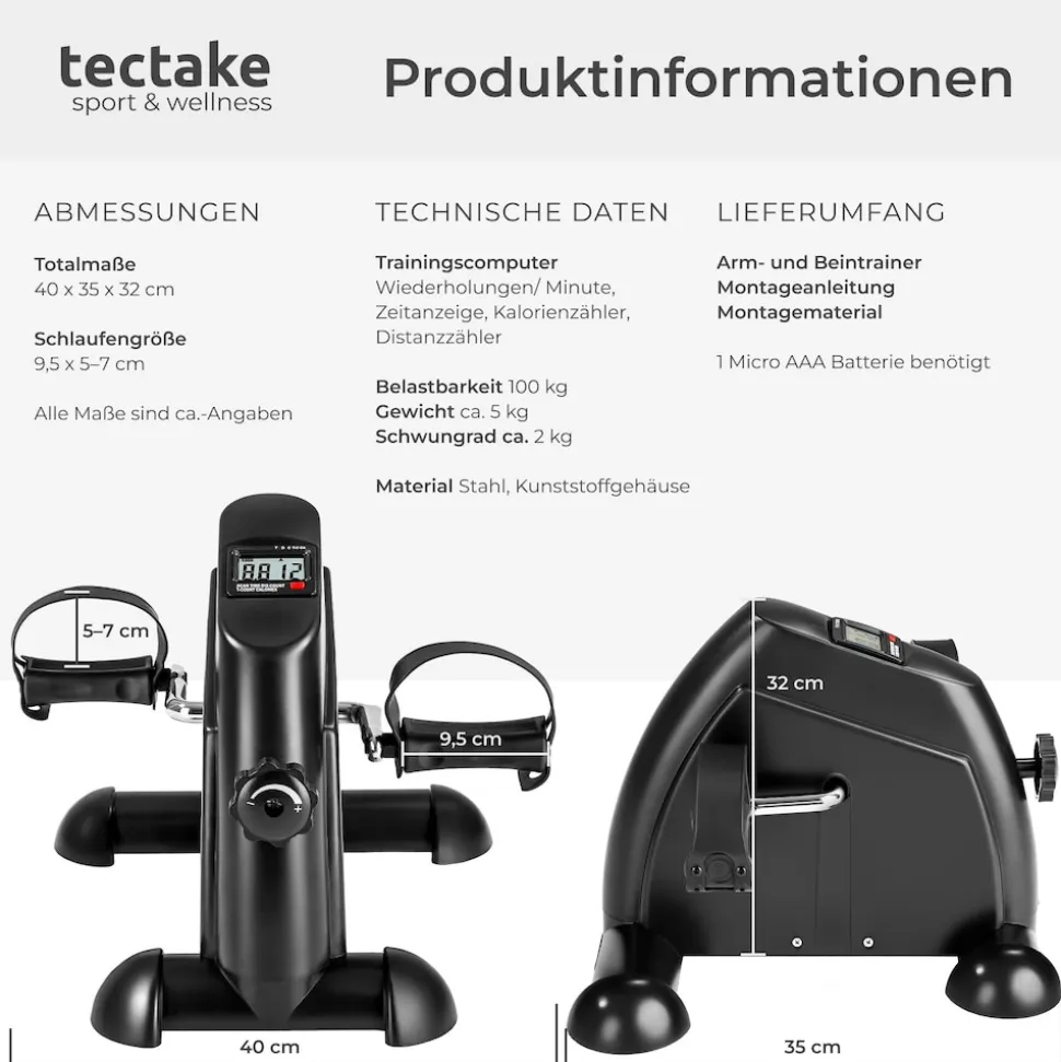 tectake® Mini Bike, Für Beine und Arme, einstellbarer Widerstand, leicht und platzsparend, inklusive Trainingscomputer
