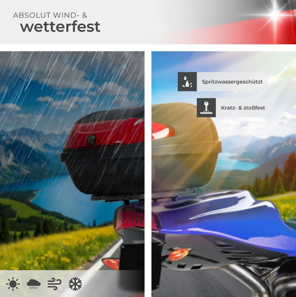 tectake® Motorradkoffer, Volumen 48 l, Platz für 2 Helme, für Mofas, Roller, Motorräder und Quads, kleiner und großer Reflektor