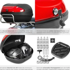 tectake® Motorradkoffer, Volumen 48 l, Platz für 2 Helme, für Mofas, Roller, Motorräder und Quads, kleiner und großer Reflektor