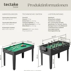 tectake® Multifunktionaler Spieltisch, 15in1, strapazierfähiges MDF, 125 x 123 x 83 cm