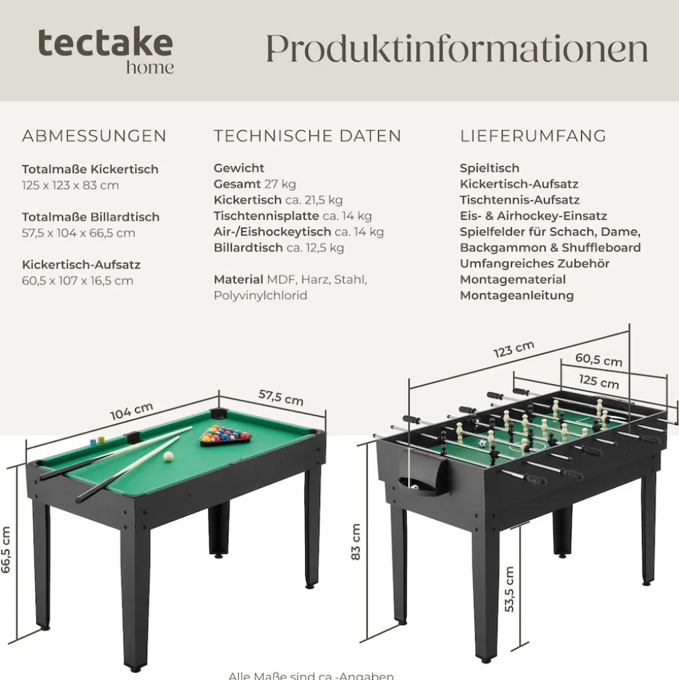 tectake® Multifunktionaler Spieltisch, 15in1, strapazierfähiges MDF, 125 x 123 x 83 cm