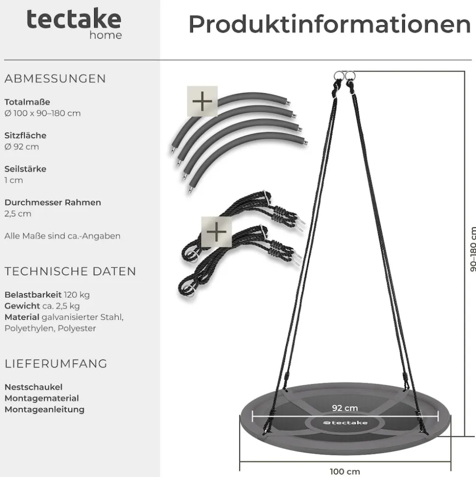 tectake® Nestschaukel, 120 kg Belastbarkeit, gepolsterter Rand, Textilene-Bespannung