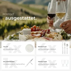 tectake® Picknickkorb, für 4 Personen, geflochtene Weide, mit Drehverschlüssen und Tragegriff, inkl. 20-teiliges Geschirrset und Kellnermesser