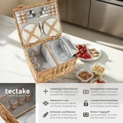 tectake® Picknickkorb, für 4 Personen, geflochtene Weide, mit Drehverschlüssen und Tragegriff, inkl. 20-teiliges Geschirrset und Kellnermesser