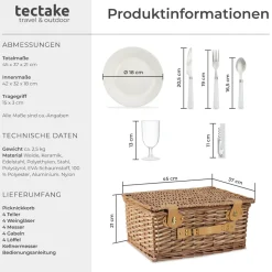 tectake® Picknickkorb, für 4 Personen, geflochtene Weide, mit Drehverschlüssen und Tragegriff, inkl. 20-teiliges Geschirrset und Kellnermesser