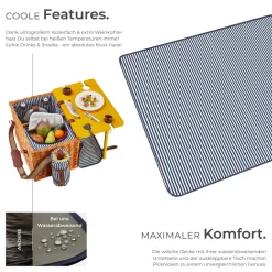 tectake® Picknickkorb, für 4 Personen, mit Picknickdecke, geflochtene Weide, 2 Schnallenverschlüsse und verstellbarer Tragegurt, inkl. 20-teiliges Geschirrset, Kellnermesser, Gewürzstreuer und Weinkühler