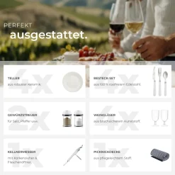 tectake® Picknickkorb, für 4 Personen, mit Picknickdecke, geflochtene Weide, mit Drehverschluss und Tragegriff, inkl. 20-teiliges Geschirrset, Kellnermesser und Gewürzstreuer