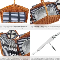 tectake® Picknickkorb, für 4 Personen, mit Picknickdecke, geflochtene Weide, mit Drehverschluss und Tragegriff, inkl. 20-teiliges Geschirrset, Kellnermesser und Gewürzstreuer