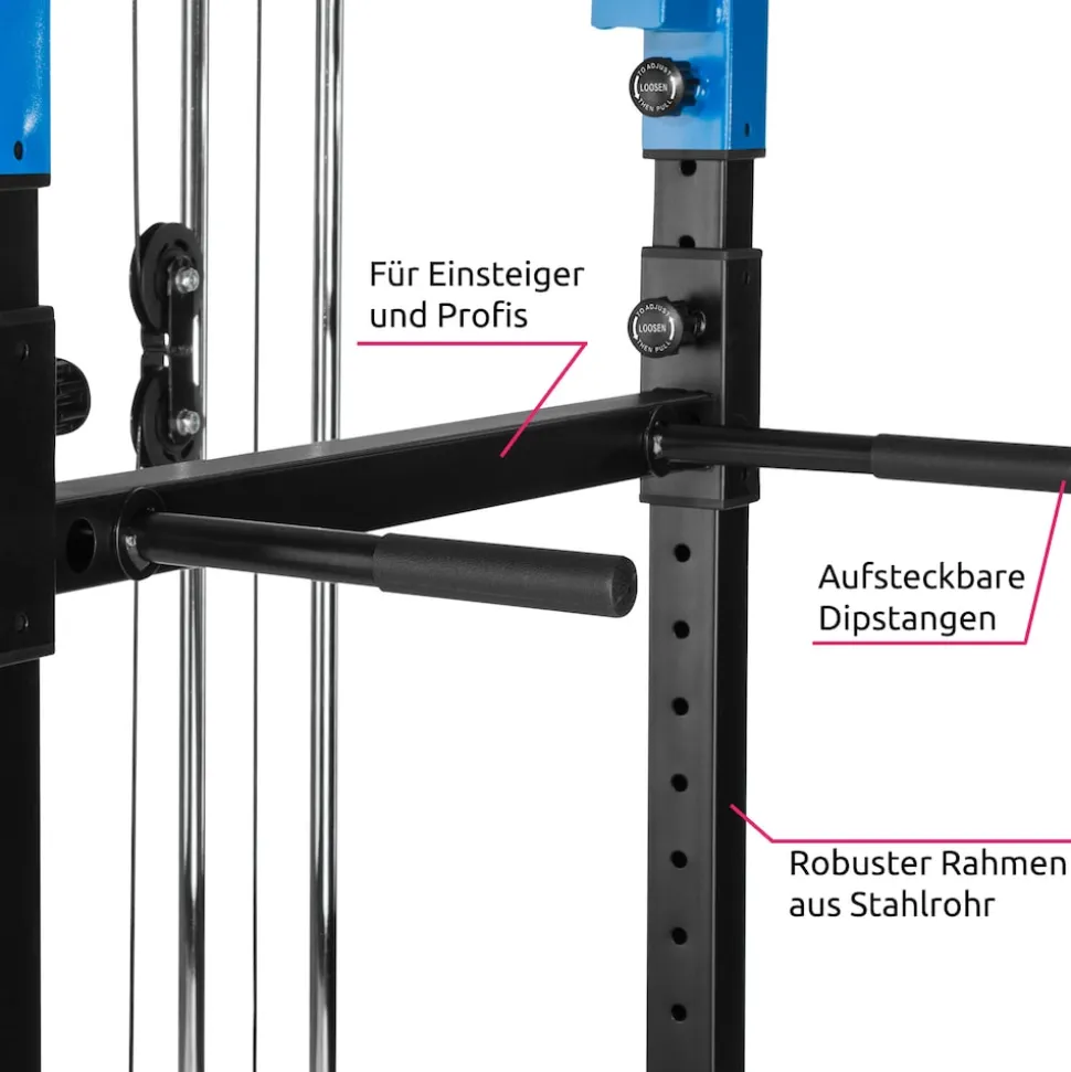tectake® Power Rack, mit Latzug, höhenverstellbare Langhantelablagen und Sicherheitsstreben, 136 x 142,5 x 215 cm