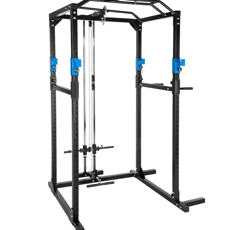 tectake® Power Rack, mit Latzug, höhenverstellbare Langhantelablagen und Sicherheitsstreben, 136 x 142,5 x 215 cm