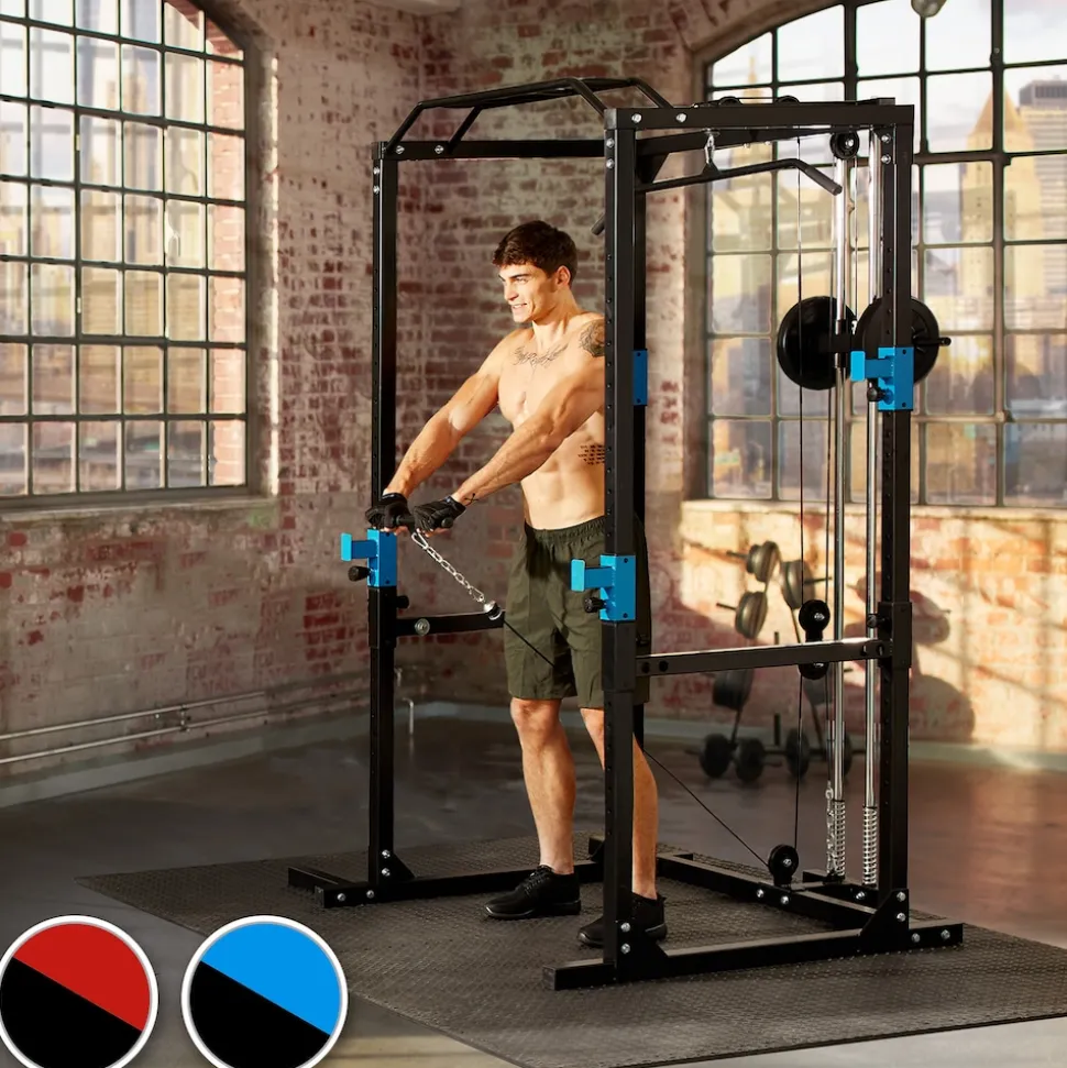tectake® Power Rack, mit Latzug, höhenverstellbare Langhantelablagen und Sicherheitsstreben, 136 x 142,5 x 215 cm