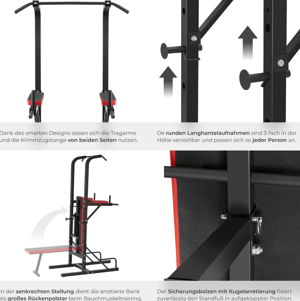 tectake® Power Tower, mit klappbarer Hantelbank und Langhantelablage, gepolstert mit Kunstlederbezug, 180 x 95 x 210 cm