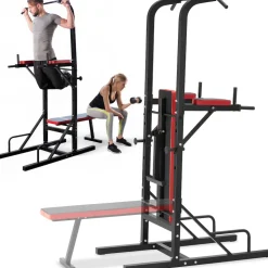 tectake® Power Tower, mit klappbarer Hantelbank und Langhantelablage, gepolstert mit Kunstlederbezug, 180 x 95 x 210 cm