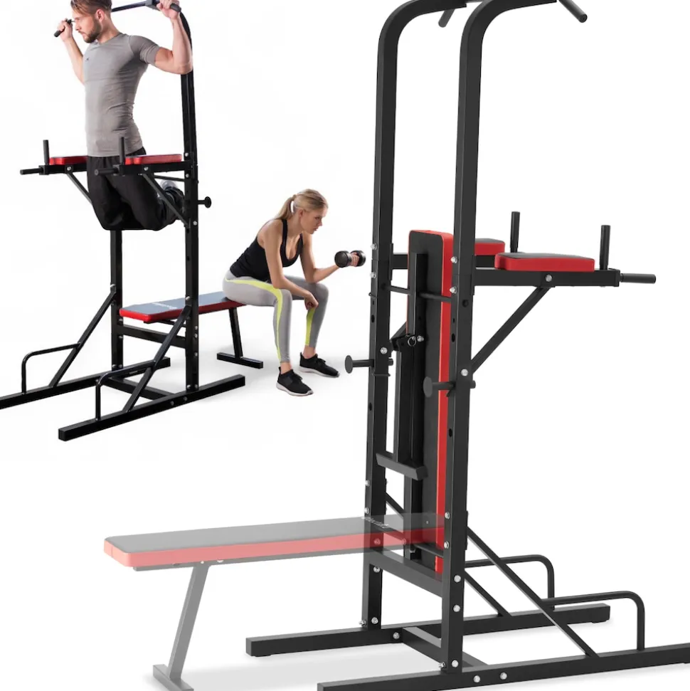 tectake® Power Tower, mit klappbarer Hantelbank und Langhantelablage, gepolstert mit Kunstlederbezug, 180 x 95 x 210 cm