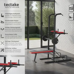 tectake® Power Tower, mit klappbarer Hantelbank und Langhantelablage, gepolstert mit Kunstlederbezug, 180 x 95 x 210 cm