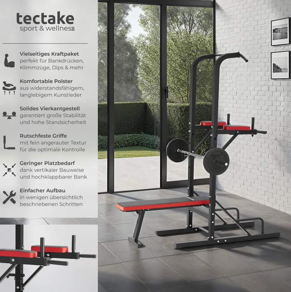 tectake® Power Tower, mit klappbarer Hantelbank und Langhantelablage, gepolstert mit Kunstlederbezug, 180 x 95 x 210 cm
