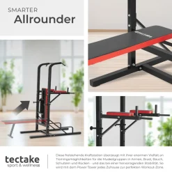 tectake® Power Tower, mit klappbarer Hantelbank und Langhantelablage, gepolstert mit Kunstlederbezug, 180 x 95 x 210 cm