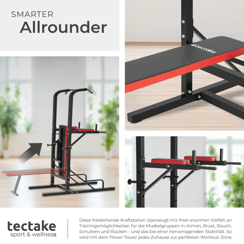 tectake® Power Tower, mit klappbarer Hantelbank und Langhantelablage, gepolstert mit Kunstlederbezug, 180 x 95 x 210 cm