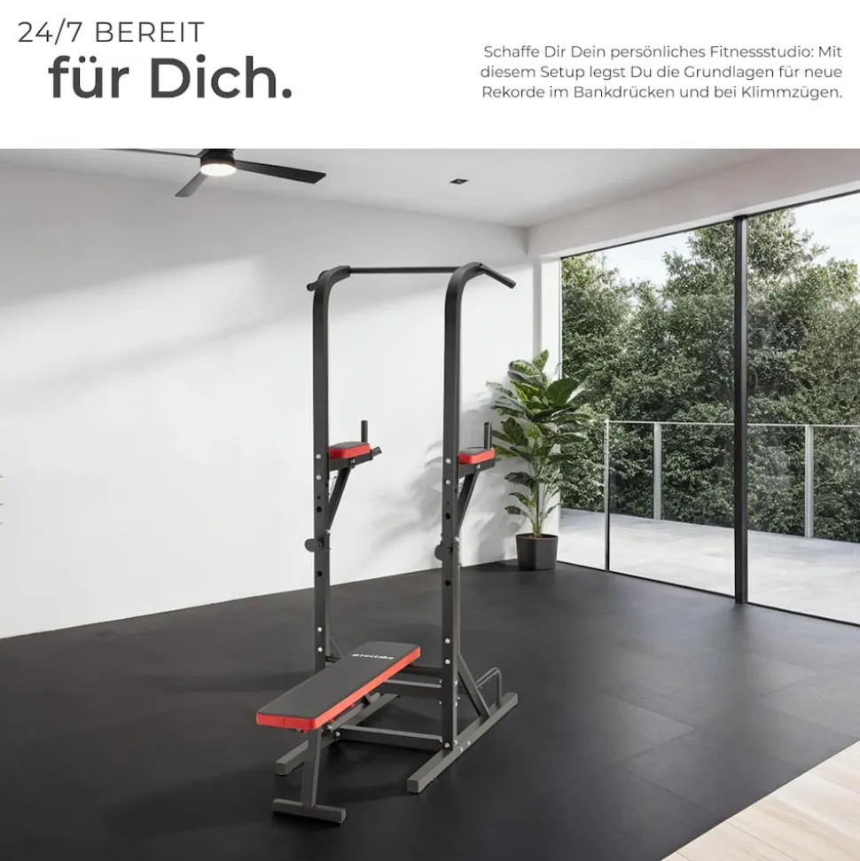 tectake® Power Tower, mit klappbarer Hantelbank und Langhantelablage, gepolstert mit Kunstlederbezug, 180 x 95 x 210 cm