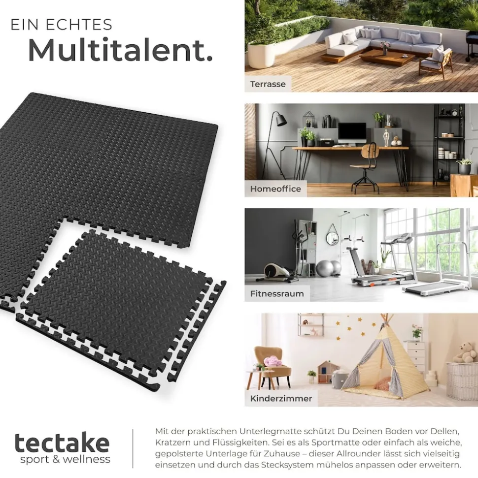 tectake® Schutzmattenset, 24-teilig mit 48 Randstücken, weich und rutschfest, leichte Reinigung und flexibel erweiterbar