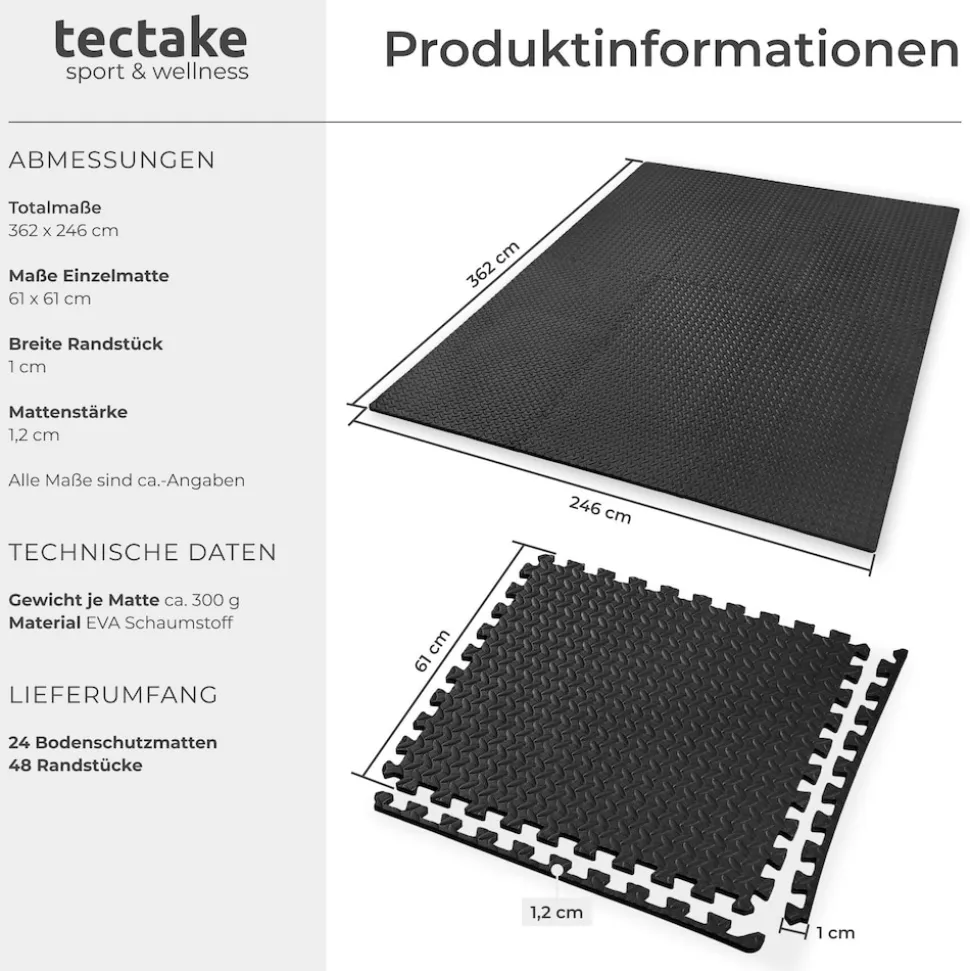 tectake® Schutzmattenset, 24-teilig mit 48 Randstücken, weich und rutschfest, leichte Reinigung und flexibel erweiterbar