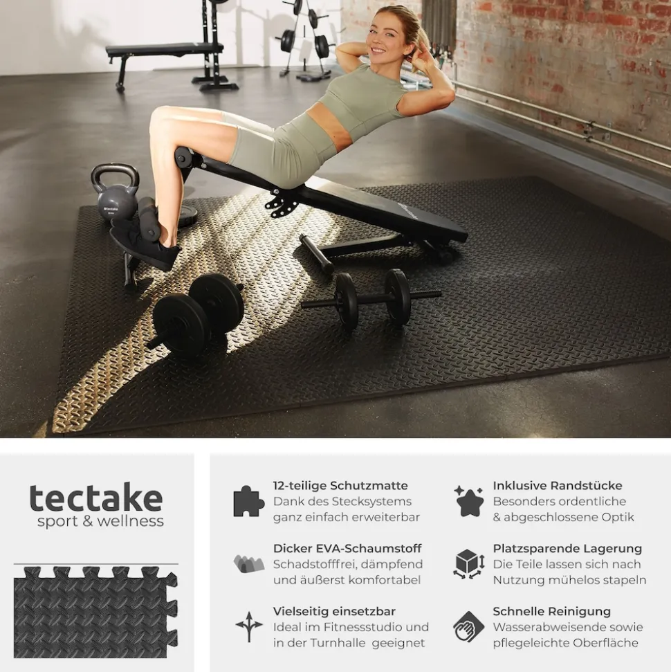 tectake® Schutzmattenset, 12-teilig mit 24 Randstücken, weich und rutschfest, leichte Reinigung und flexibel erweiterbar
