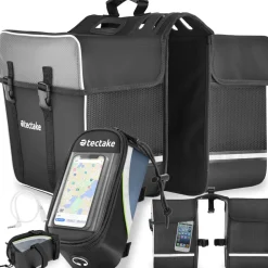 tectake® Set Fahrradtasche Georg und Fahrradrahmentasche, große Fahrradtasche mit 2 Fächern, Schnallenverschluss, Tragegriff und Reflektorstreifen, wasserabweisend und robust