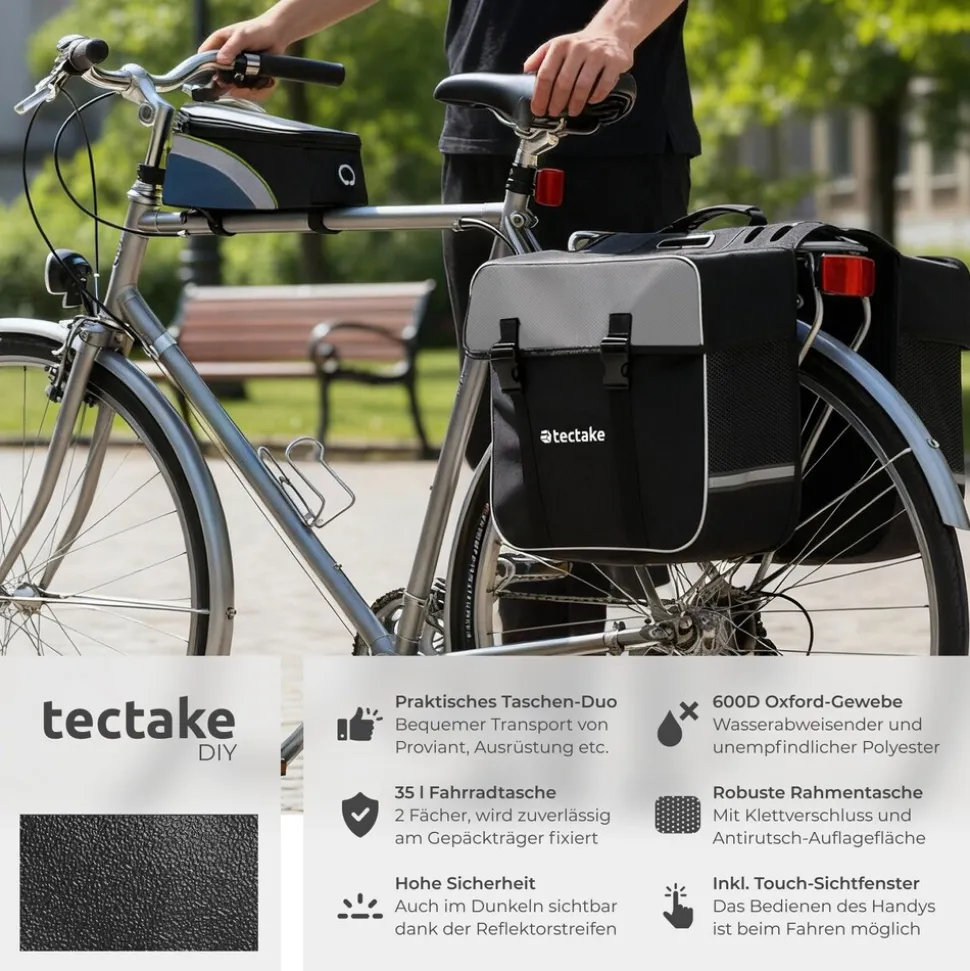 tectake® Set Fahrradtasche Georg und Fahrradrahmentasche, große Fahrradtasche mit 2 Fächern, Schnallenverschluss, Tragegriff und Reflektorstreifen, wasserabweisend und robust