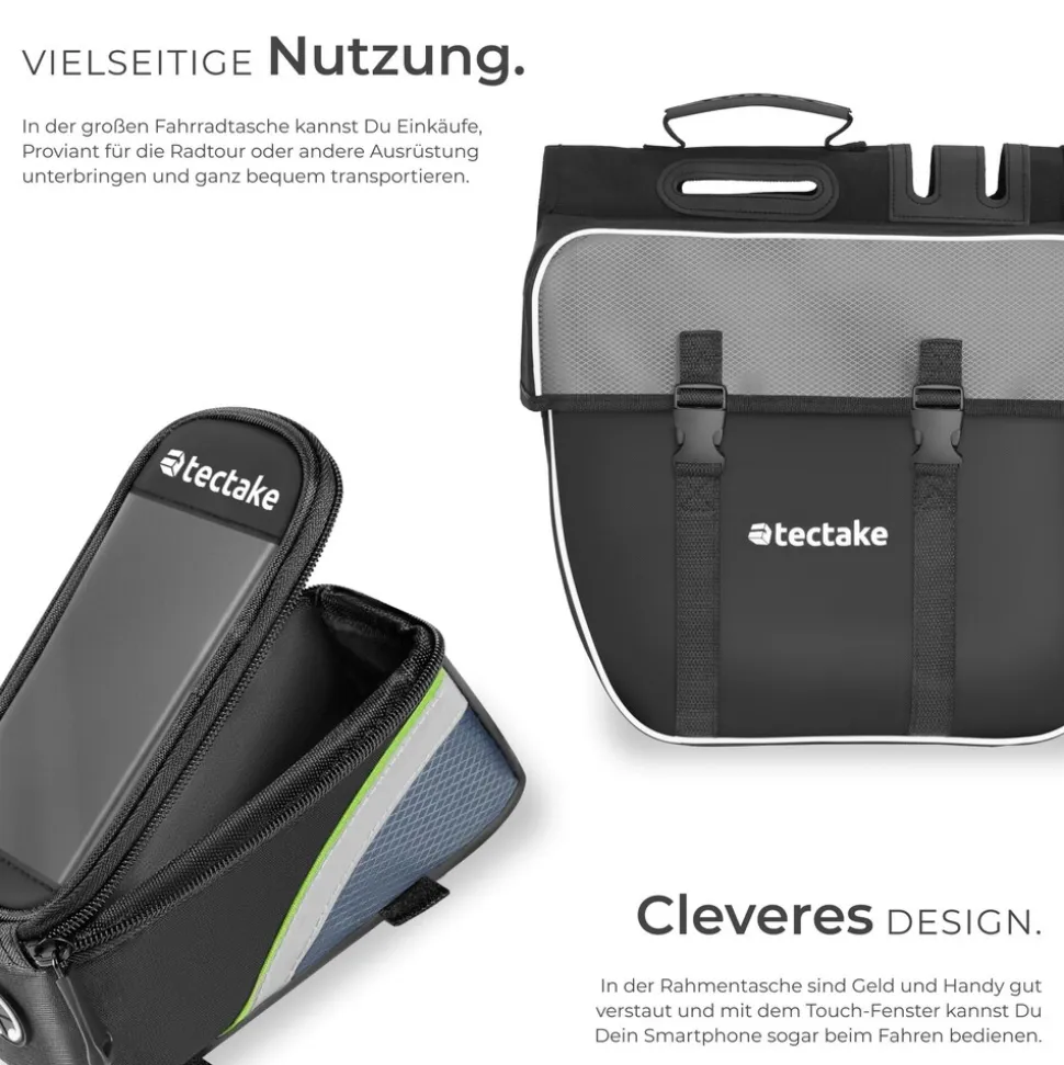tectake® Set Fahrradtasche Georg und Fahrradrahmentasche, große Fahrradtasche mit 2 Fächern, Schnallenverschluss, Tragegriff und Reflektorstreifen, wasserabweisend und robust