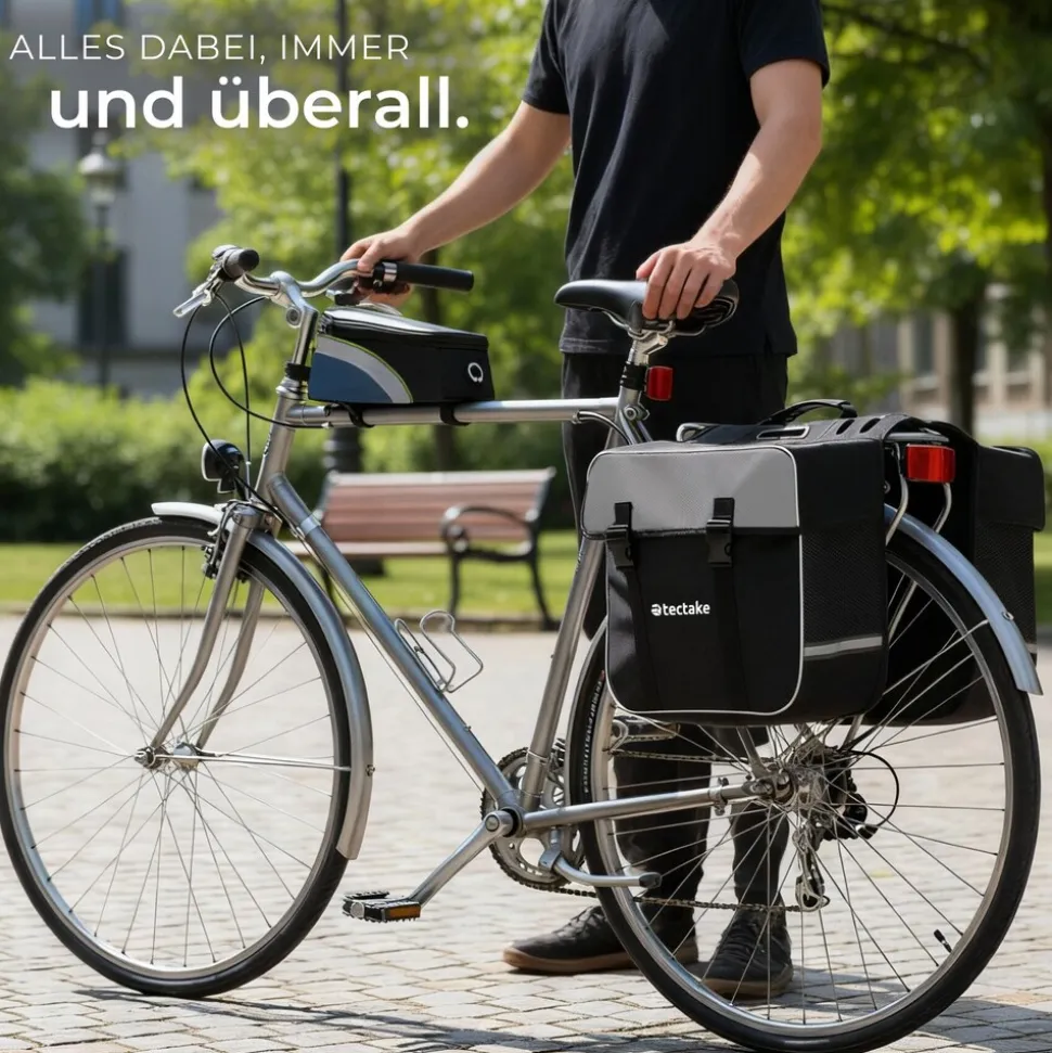tectake® Set Fahrradtasche Georg und Fahrradrahmentasche, große Fahrradtasche mit 2 Fächern, Schnallenverschluss, Tragegriff und Reflektorstreifen, wasserabweisend und robust