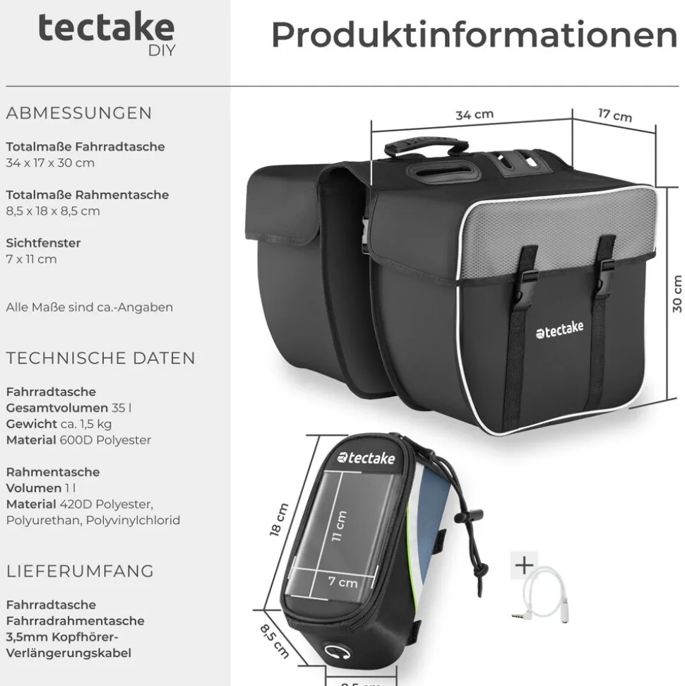tectake® Set Fahrradtasche Georg und Fahrradrahmentasche, große Fahrradtasche mit 2 Fächern, Schnallenverschluss, Tragegriff und Reflektorstreifen, wasserabweisend und robust