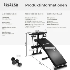 tectake® Sit-up Bank, 6-fach verstellbar, klappbar, rutschfeste Fußenden, inklusive 2 Hanteln und elastische Seile