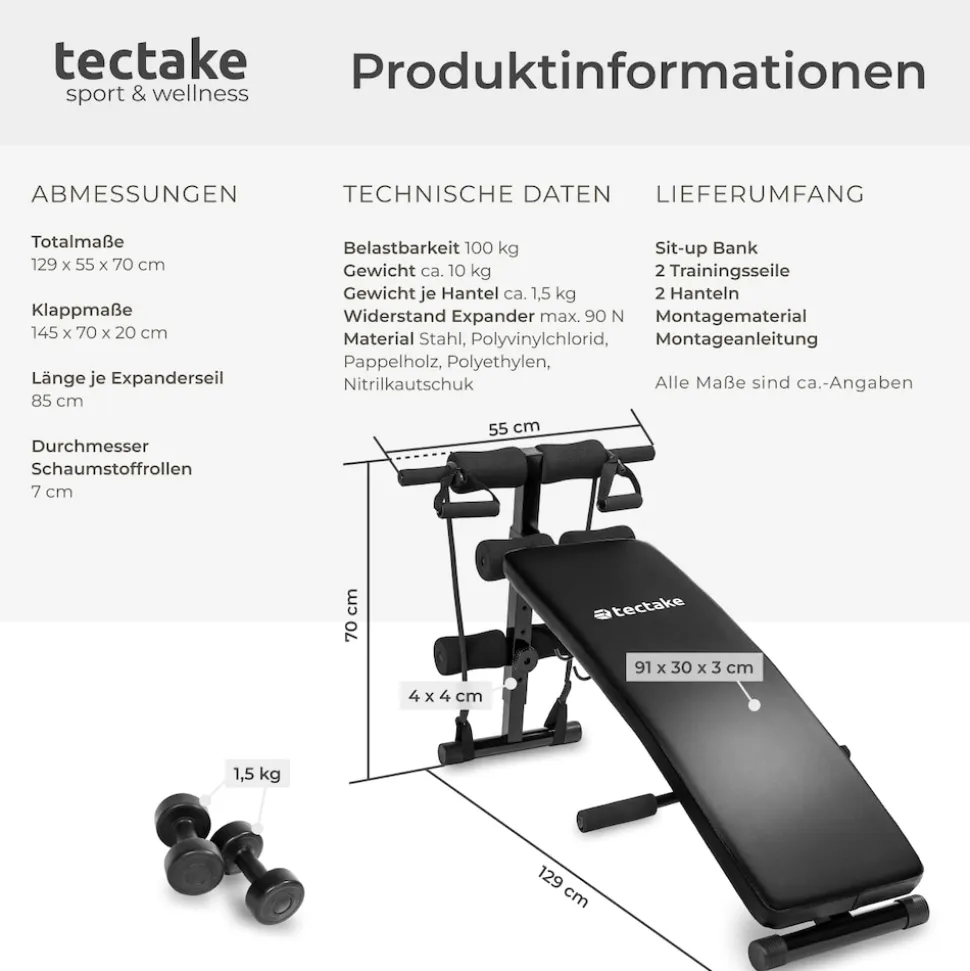 tectake® Sit-up Bank, 6-fach verstellbar, klappbar, rutschfeste Fußenden, inklusive 2 Hanteln und elastische Seile