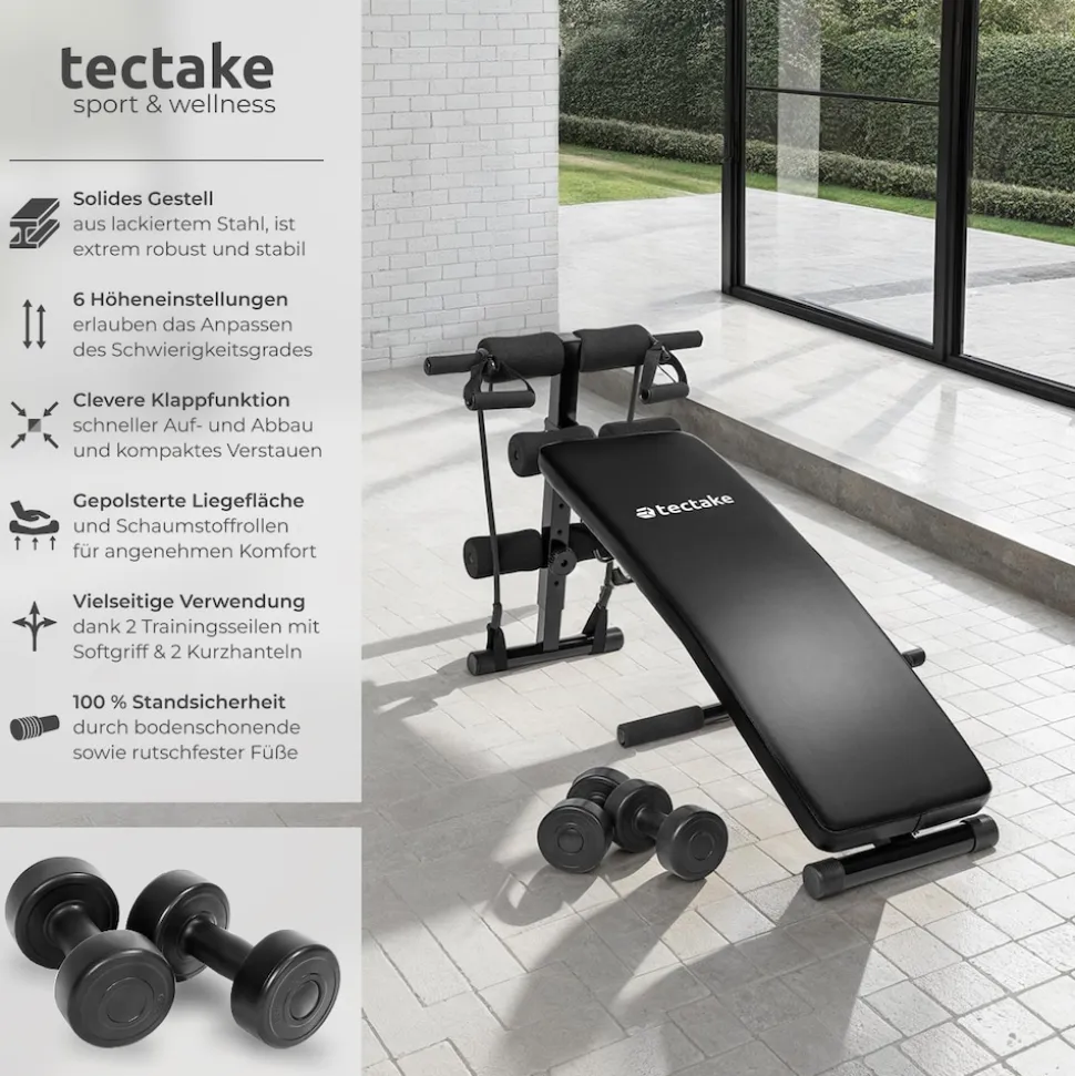 tectake® Sit-up Bank, 6-fach verstellbar, klappbar, rutschfeste Fußenden, inklusive 2 Hanteln und elastische Seile