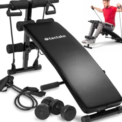 tectake® Sit-up Bank, 6-fach verstellbar, klappbar, rutschfeste Fußenden, inklusive 2 Hanteln und elastische Seile