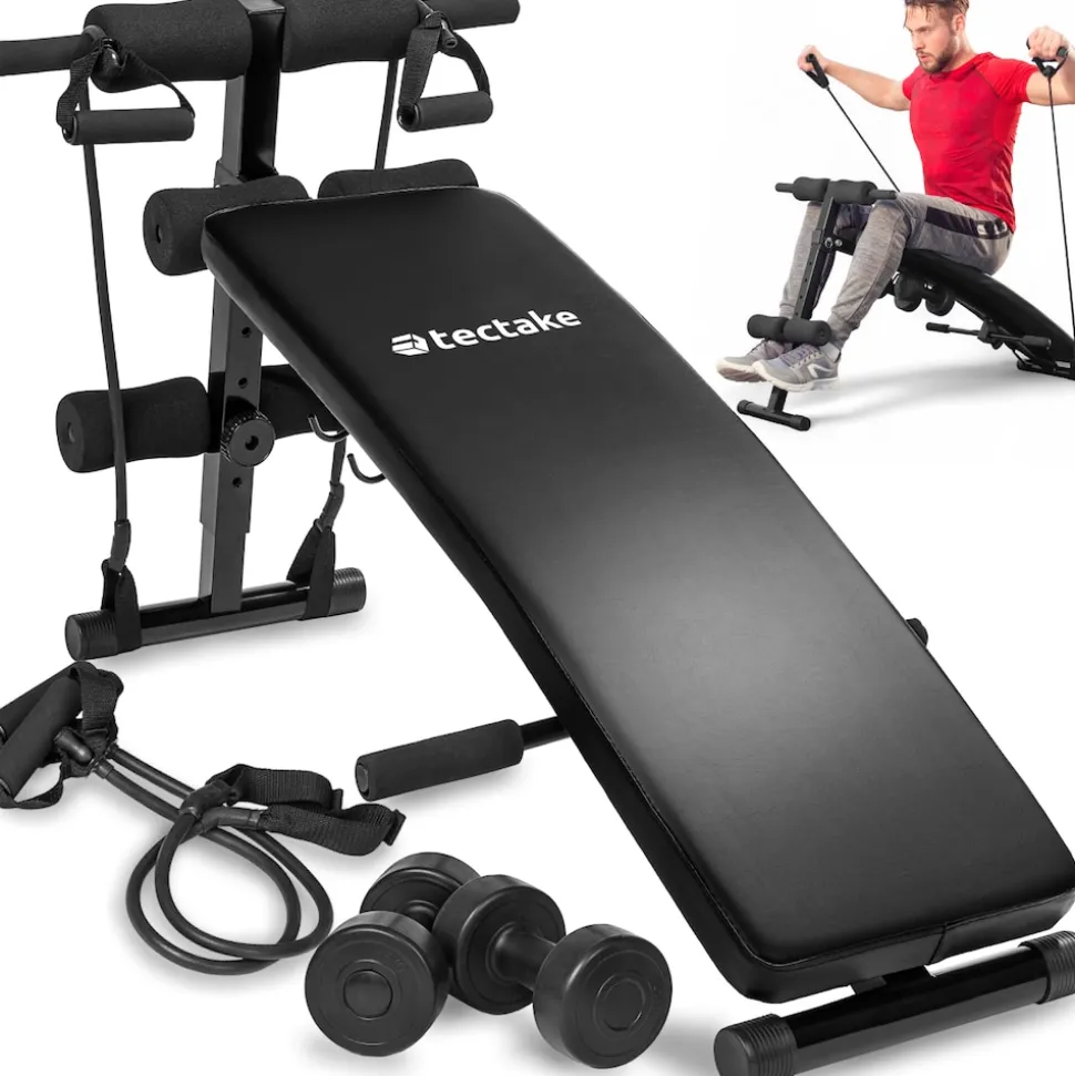 tectake® Sit-up Bank, 6-fach verstellbar, klappbar, rutschfeste Fußenden, inklusive 2 Hanteln und elastische Seile