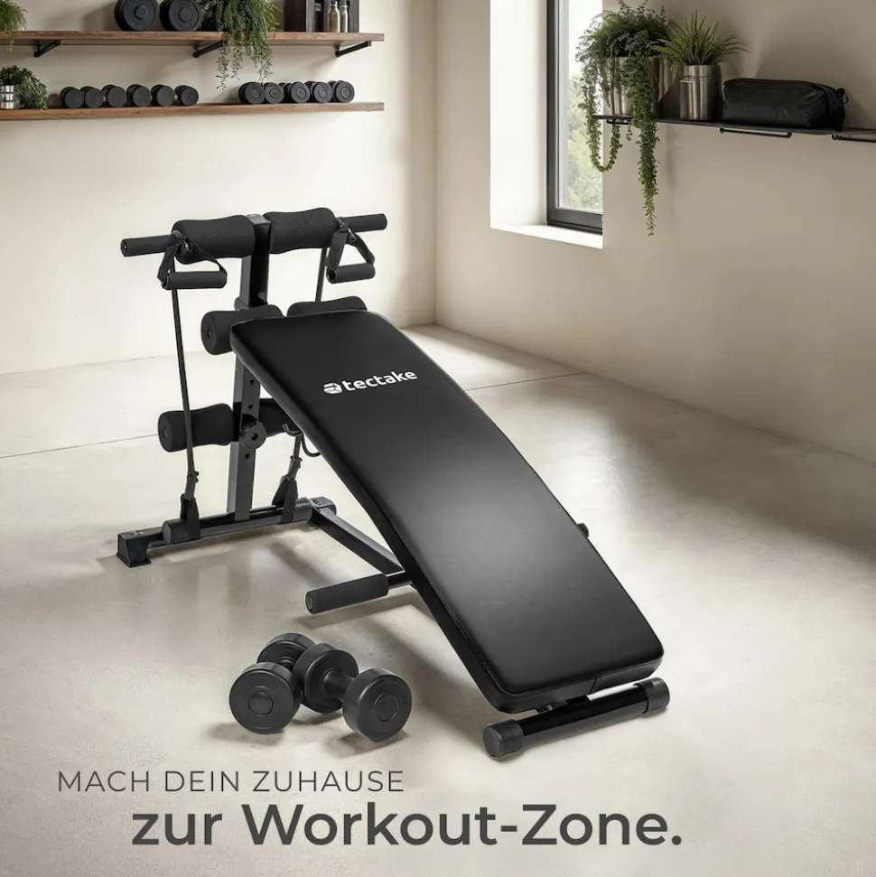 tectake® Sit-up Bank, 6-fach verstellbar, klappbar, rutschfeste Fußenden, inklusive 2 Hanteln und elastische Seile