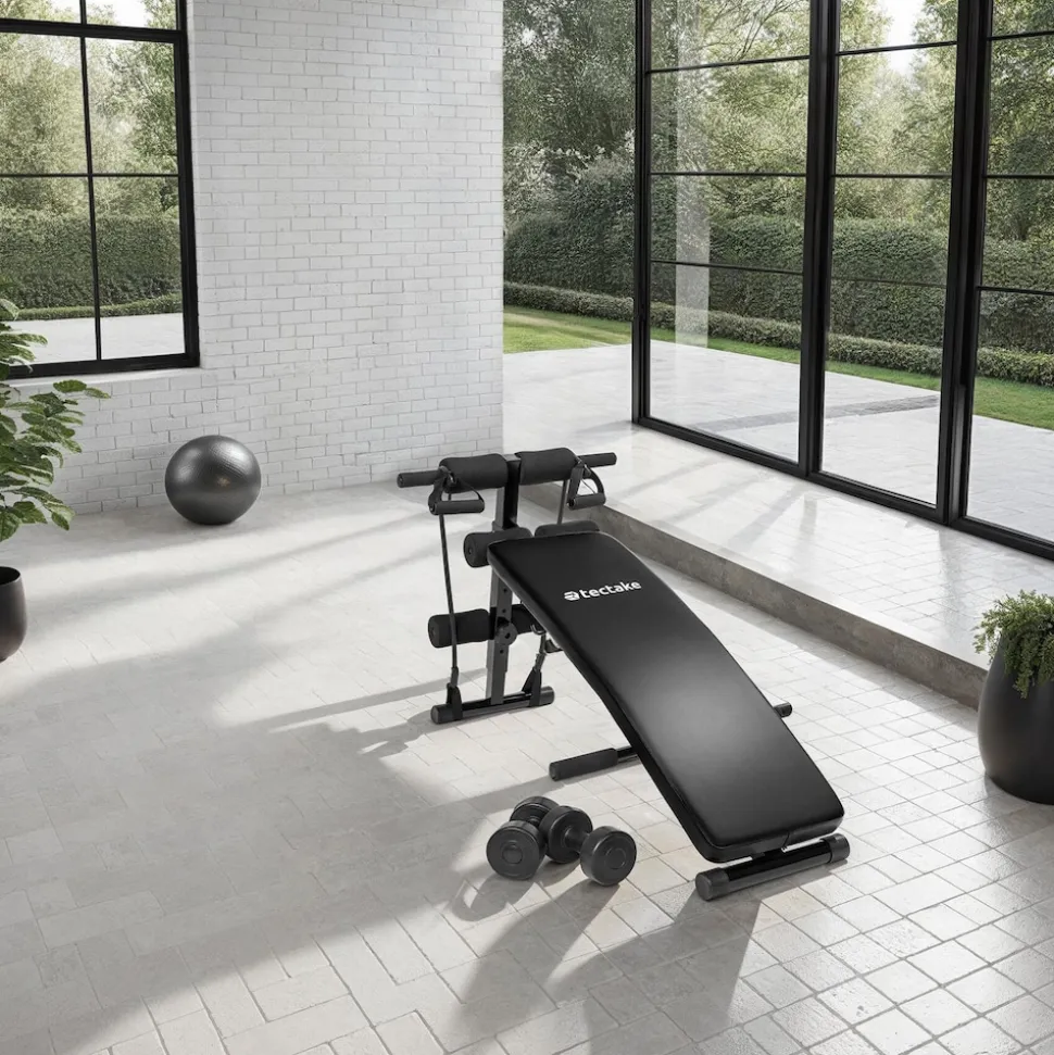 tectake® Sit-up Bank, 6-fach verstellbar, klappbar, rutschfeste Fußenden, inklusive 2 Hanteln und elastische Seile
