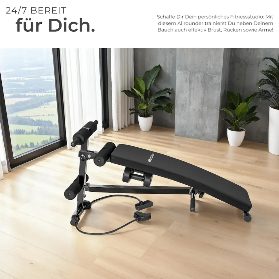tectake® Sit-up Bank, 6-fach verstellbar, klappbar, rutschfeste Fußenden, inklusive 2 Hanteln und elastische Seile