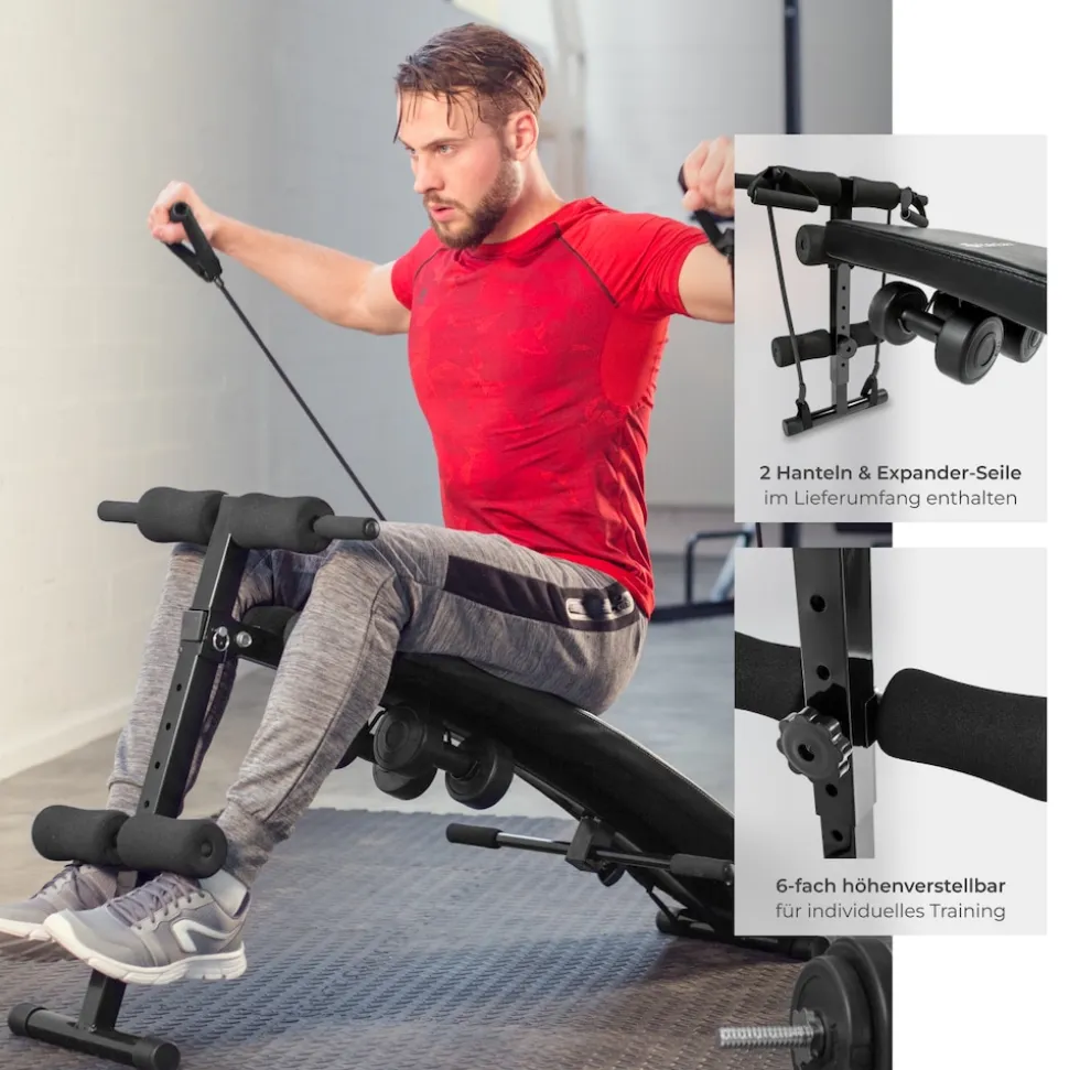 tectake® Sit-up Bank, 6-fach verstellbar, klappbar, rutschfeste Fußenden, inklusive 2 Hanteln und elastische Seile