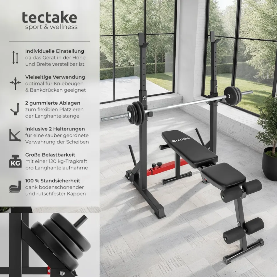 tectake® Squat Rack, multifunktional, Höhe und Breite verstellbar, bodenschonende Kunststoffkappen, inklusive 2 Aufnahmen für Hantelscheiben
