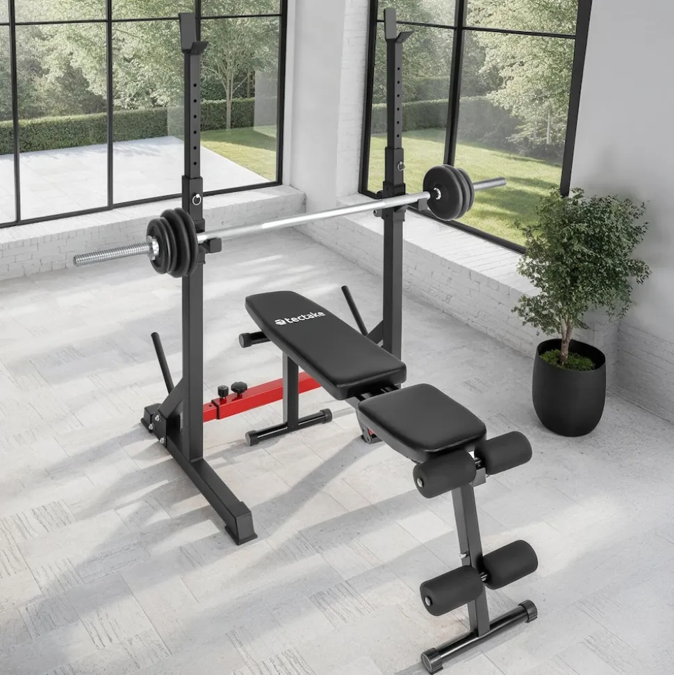 tectake® Squat Rack, multifunktional, Höhe und Breite verstellbar, bodenschonende Kunststoffkappen, inklusive 2 Aufnahmen für Hantelscheiben