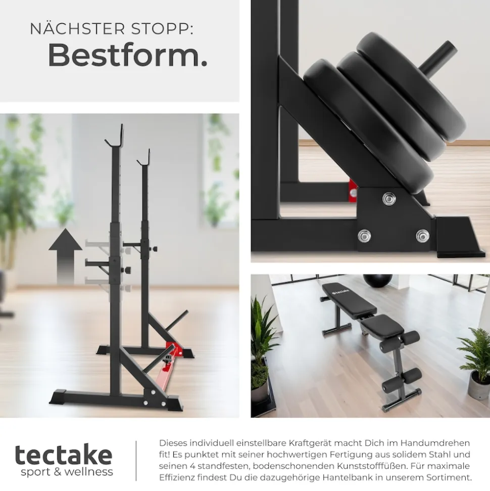 tectake® Squat Rack, multifunktional, Höhe und Breite verstellbar, bodenschonende Kunststoffkappen, inklusive 2 Aufnahmen für Hantelscheiben