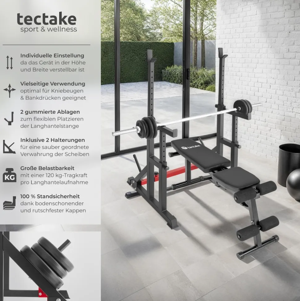 tectake® Squat Rack, multifunktional, Höhe und Breite verstellbar, bodenschonende Kunststoffkappen, inklusive 2 Aufnahmen für Hantelscheiben