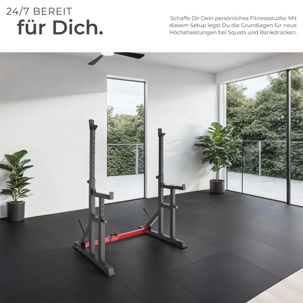 tectake® Squat Rack, multifunktional, Höhe und Breite verstellbar, bodenschonende Kunststoffkappen, inklusive 2 Aufnahmen für Hantelscheiben