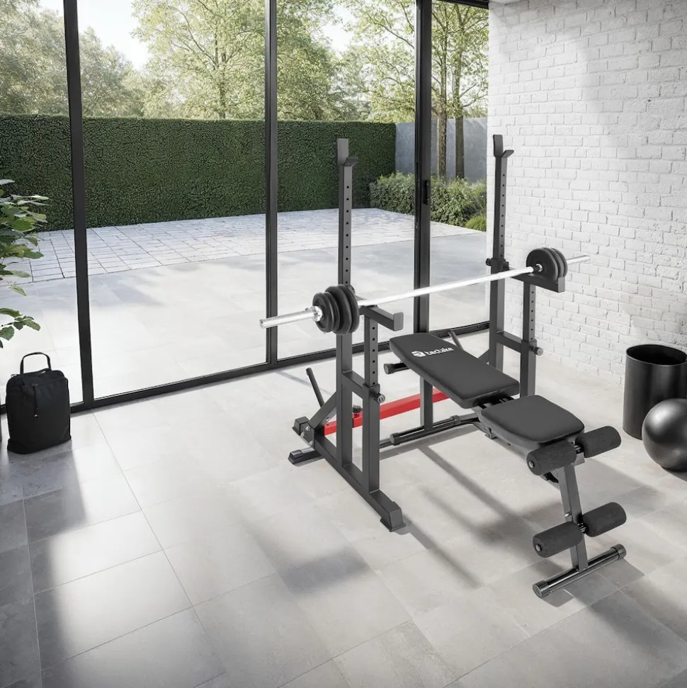 tectake® Squat Rack, multifunktional, Höhe und Breite verstellbar, bodenschonende Kunststoffkappen, inklusive 2 Aufnahmen für Hantelscheiben
