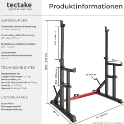 tectake® Squat Rack, multifunktional, Höhe und Breite verstellbar, bodenschonende Kunststoffkappen, inklusive 2 Aufnahmen für Hantelscheiben